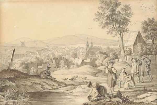 View of Clausthal-Zellerfeld with figures by a pond in the foreground - view 1