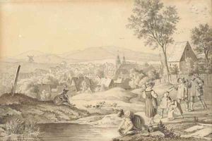 View of Clausthal-Zellerfeld with figures by a pond in the foreground by Adrian Ludwig Richter