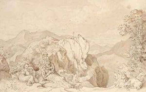 An extensive mountain landscape with herdsmen making music An extensive mountain landscape with herdsmen making music