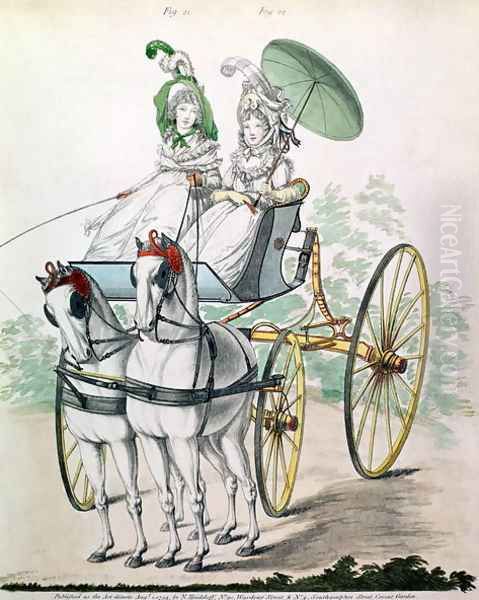 Two young ladies in calico gowns, taking an airing in a phaeton, from Gallery of Fashion - view 1