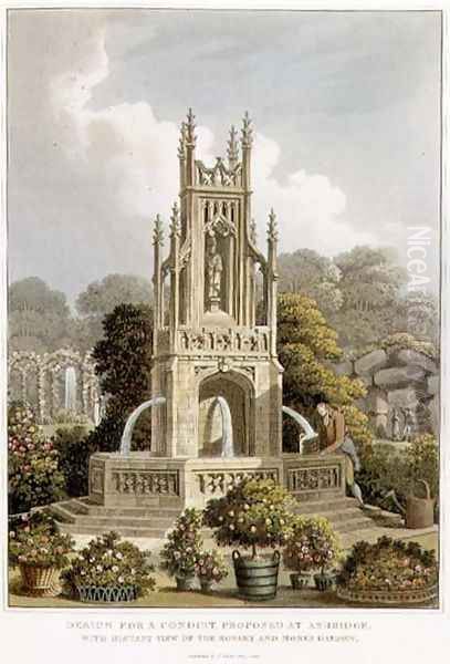 Design for a Conduit, Proposed at Ashridge, with Distant View of the Rosary and Monks Garden, from Fragments on the Theory and Practice of Landscape Gardening, pub. 1816 - view 1