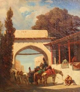 An Arab Gateway With Horses And Figures