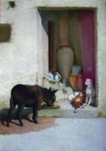 An Arab In A Doorway With Dogs And A Mule