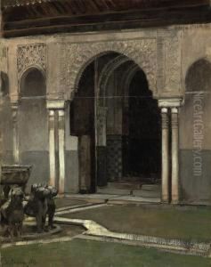 Courtyard Of The Lions In The Alhambra, Granada by Alberto Pasini