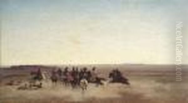 Falcon Hunting In The Desert. Oil/panel, Signed - view 1