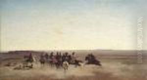 Falcon Hunting In The Desert. Oil/panel, Signed by Alberto Pasini