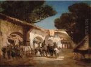 Saddling Up At The Stables, An Arab Street by Alberto Pasini