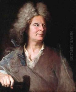 Portrait of a sculptor, said to be Robert Le Lorrain (1666-1743), half-length, in a light brown jacket, a mallet in his right hand by Hyacinthe Rigaud
