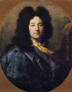 Portrait of the artist, bust-length, with a yellow cravat and a blue cloak, feigned oval by Hyacinthe Rigaud