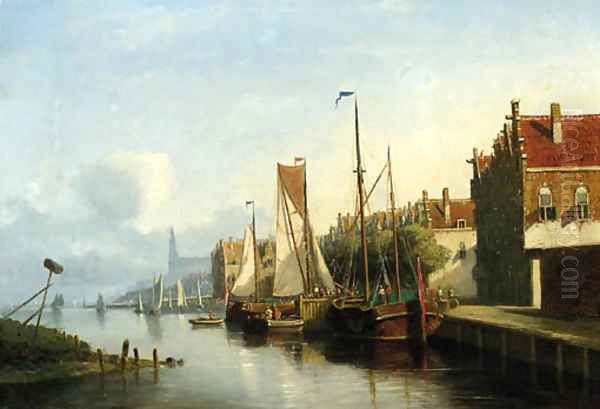Sailingvessel along a quay, a church towering in the distance - view 1