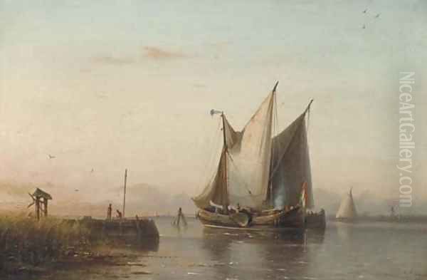 Sailing vessels in a calm estuary at dusk - view 1