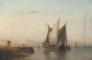 Sailing vessels in a calm estuary at dusk