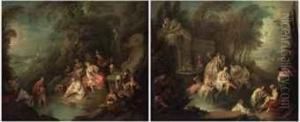 Fete Champetre With A Musician 
And A Statue Of Venus Behind; Andfete Champetre With Bathers In Front Of
 A Fountain by Jean-Baptiste Joseph Pater