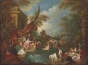 An Extensive Landscape With Women Bathing In A Wooded Enclosure Byruins