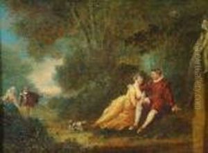 A Gallants Seated Beside A Classical Fountain Within In A by Jean-Baptiste Joseph Pater