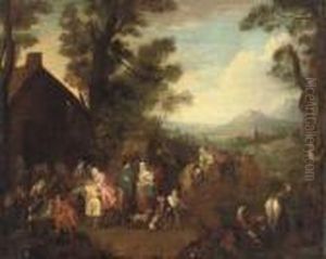 Soldiers, Women And Children Before A Barn, A Mountainous Landscape Beyond