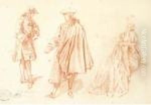 Two Standing Men And A Elegant Lady Seated by Jean-Baptiste Joseph Pater