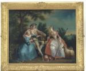 A Couple Holding A Bird Cage With A Shepherdess In A Landscape by Jean-Baptiste Joseph Pater