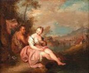 Two Nymphs With A Satyr In A River Landscape, A View To A Village Beyond by Jean-Baptiste Joseph Pater