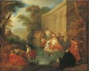 Ladies Bathing At A Pool Before A Rococo Pavilion, In A Wooded Clearing