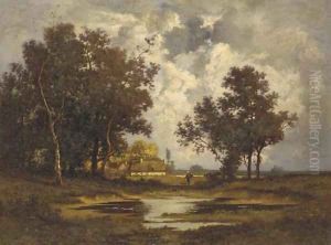 A Figure Walking by a Pond in a Forest by Leon Richet