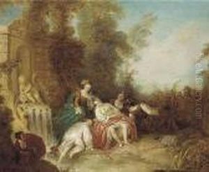 Ladies Bathing At A Fountain With Onlookers By A Fence
