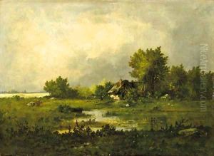 Avant l'orage a farm in a landscape by Leon Richet