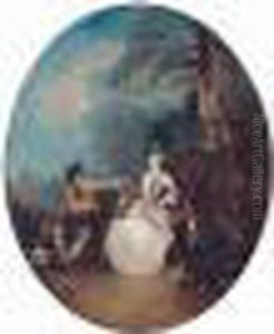 A Wooded Landscape With A Huntsman Offering A Rabbit To An Elegant Lady by Jean-Baptiste Joseph Pater