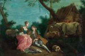 A Dessus-de-porte: A Shepherd Courting A Shepherdess By A Farmhousein A Wooded Landscape by Jean-Baptiste Joseph Pater