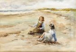 Children Playing On A Beach, Distant Coastal View Beyond