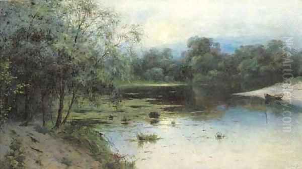 A tranquil lake landscape at dusk - view 1