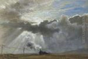 A Steam Train And Telegraph Wires Beneath A Sunburst by Waller Hugh Paton