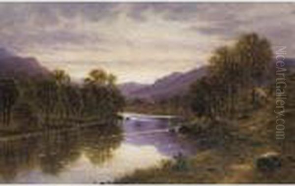 Figures Walking Beside A River At Sunset - view 1