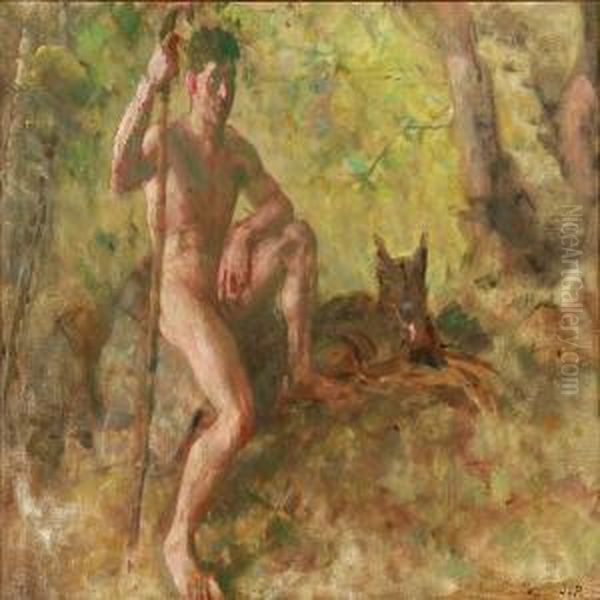 A Nude Male With A Dog In A Forest - view 1