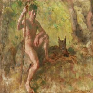 A Nude Male With A Dog In A Forest A Nude Male With A Dog In A Forest