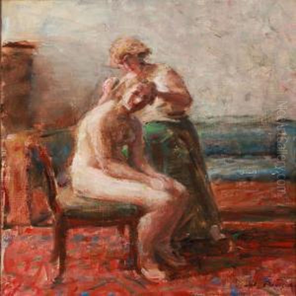 Interior With A Nude Having Her Hair Done - view 1