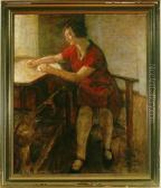 A Woman In A Red Dress Is Reading By A Window - view 1
