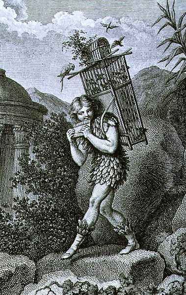 Papageno I am the birdcatcher, yes Always cheerful, fiddle-di-i, fiddle-di-da, Act I of The Magic Flute by Wolfgang Amadeus Mozart 1756-91, engraved by Friedrich Wilhelm Meyer Senior b.c.1770 - view 1