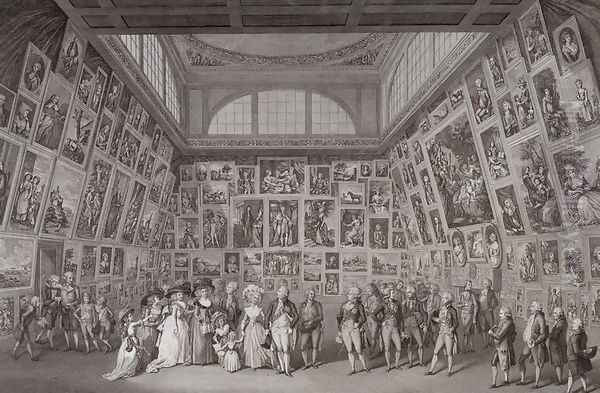 Interior view of Somerset House showing King George III (1738-1820), Queen Charlotte (1744-1818) and the Royal family viewing an exhibition of the Royal Academy of Arts in 1788, 1788 - view 1