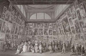 Interior view of Somerset House showing King George III (1738-1820), Queen Charlotte (1744-1818) and the Royal family viewing an exhibition of the Royal Academy of Arts in 1788, 1788 by Johann Heinrich Ramberg
