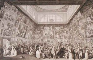 Interior view of Somerset House showing an exhibition of the Royal Academy of Arts in 1787, 1787 by Johann Heinrich Ramberg