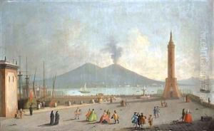 The Lanterna del Molo, Naples, with figures, the bay and Vesuvius beyond