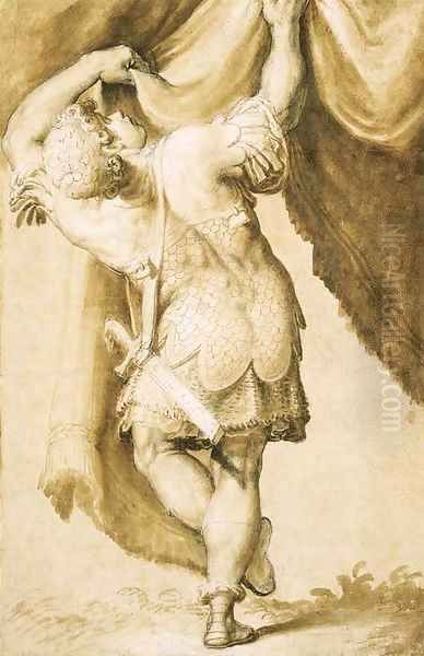A young warrior, seen from behind, lifting a curtain - view 1