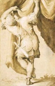 A young warrior, seen from behind, lifting a curtain by Francesco de' Rossi