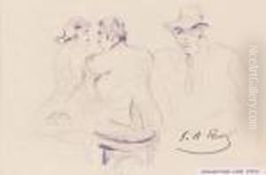 Crayon Bleu Sur Papier, Signe Du Cachet En Bas A Droite.