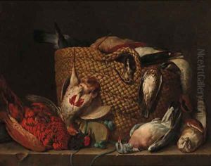A pheasant, pigeon, owl, and a basket with a partridge, duck, lapwing and woodcock on a ledge by Pieter Andreas Rysbrack