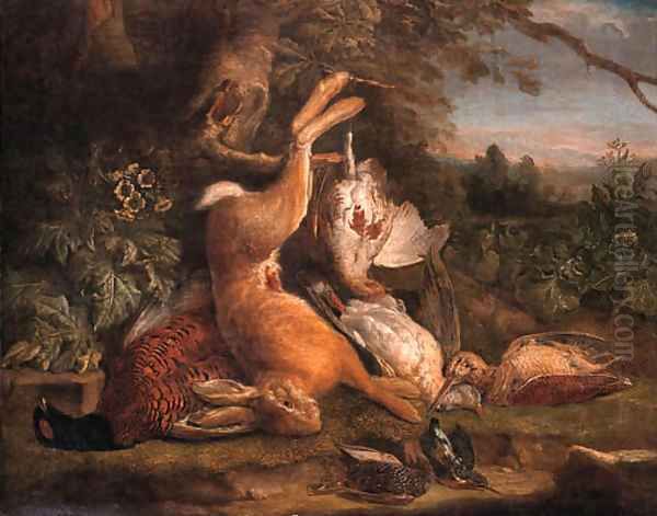 A dead hare hanging from a tree with a dead pheasant, a snipe, a dove, a patridge and dead songbirds on a mossy bank in a landscape - view 1