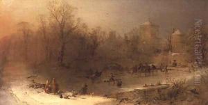 A Winter Landscape with curlers on a frozen lake by John Ritchie