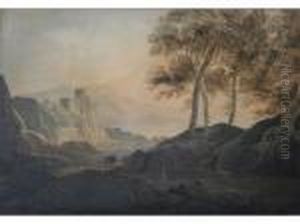 Figures In A Landscape Beneath Ruined Towers by William Payne
