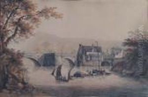 A River Landscape With Stone Bridge by William Payne